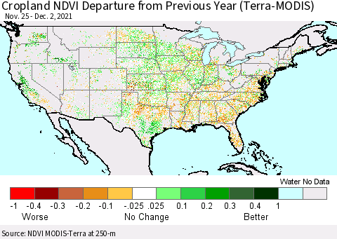 United States Cropland NDVI Departure from Previous Year (Terra-MODIS) Thematic Map For 11/25/2021 - 12/2/2021