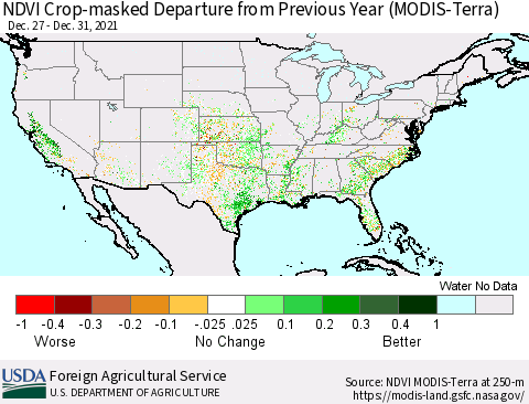 United States Cropland NDVI Departure from Previous Year (Terra-MODIS) Thematic Map For 12/21/2021 - 12/31/2021
