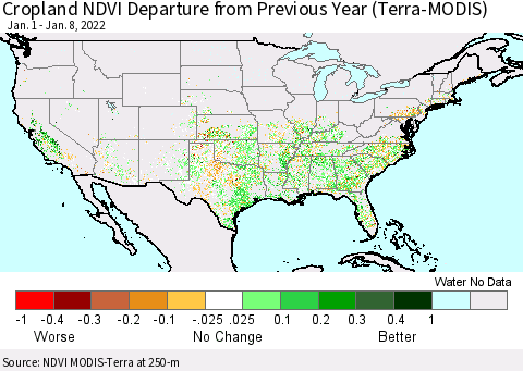 United States Cropland NDVI Departure from Previous Year (Terra-MODIS) Thematic Map For 1/1/2022 - 1/8/2022