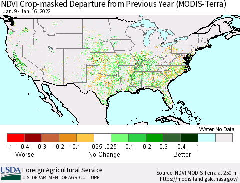 United States Cropland NDVI Departure from Previous Year (Terra-MODIS) Thematic Map For 1/11/2022 - 1/20/2022