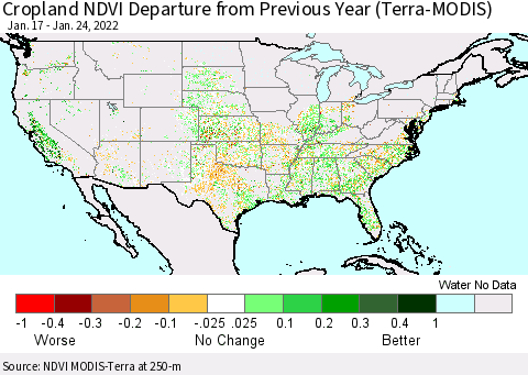 United States Cropland NDVI Departure from Previous Year (Terra-MODIS) Thematic Map For 1/17/2022 - 1/24/2022