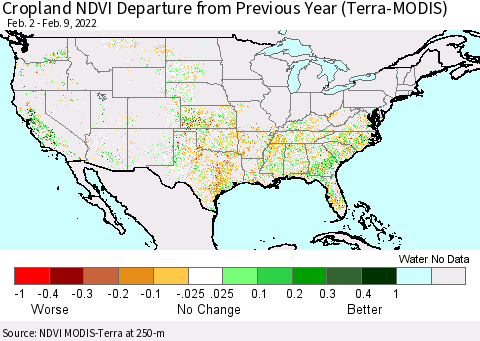 United States Cropland NDVI Departure from Previous Year (Terra-MODIS) Thematic Map For 2/2/2022 - 2/9/2022