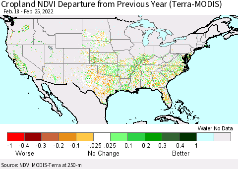 United States Cropland NDVI Departure from Previous Year (Terra-MODIS) Thematic Map For 2/18/2022 - 2/25/2022