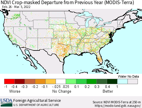 United States Cropland NDVI Departure from Previous Year (Terra-MODIS) Thematic Map For 3/1/2022 - 3/10/2022