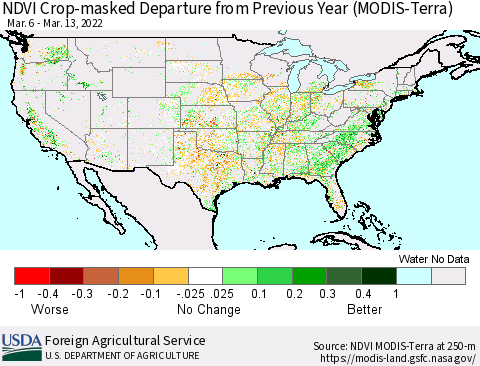 United States Cropland NDVI Departure from Previous Year (Terra-MODIS) Thematic Map For 3/11/2022 - 3/20/2022