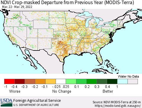 United States Cropland NDVI Departure from Previous Year (Terra-MODIS) Thematic Map For 3/21/2022 - 3/31/2022