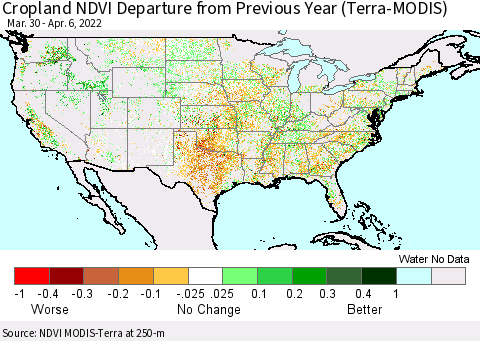 United States Cropland NDVI Departure from Previous Year (Terra-MODIS) Thematic Map For 3/30/2022 - 4/6/2022