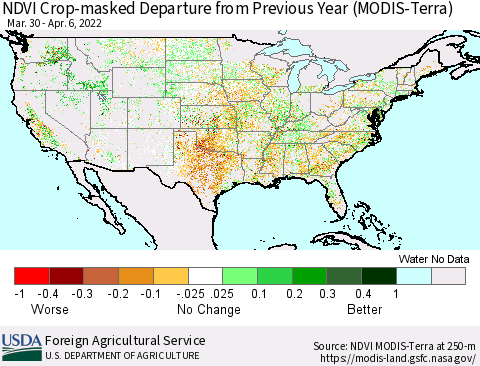 United States Cropland NDVI Departure from Previous Year (Terra-MODIS) Thematic Map For 4/1/2022 - 4/10/2022