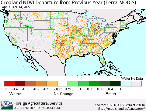 United States Cropland NDVI Departure from Previous Year (Terra-MODIS) Thematic Map For 4/11/2022 - 4/20/2022