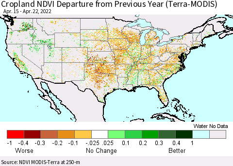 United States Cropland NDVI Departure from Previous Year (Terra-MODIS) Thematic Map For 4/15/2022 - 4/22/2022