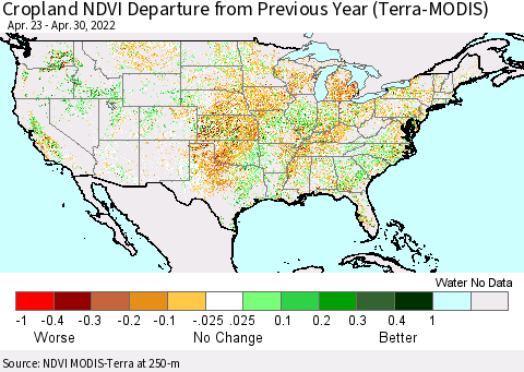 United States Cropland NDVI Departure from Previous Year (Terra-MODIS) Thematic Map For 4/23/2022 - 4/30/2022