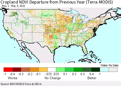 United States Cropland NDVI Departure from Previous Year (Terra-MODIS) Thematic Map For 5/1/2022 - 5/8/2022