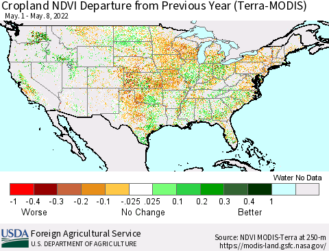 United States Cropland NDVI Departure from Previous Year (Terra-MODIS) Thematic Map For 5/1/2022 - 5/10/2022