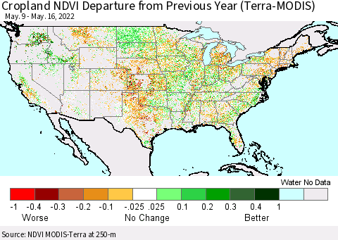 United States Cropland NDVI Departure from Previous Year (Terra-MODIS) Thematic Map For 5/9/2022 - 5/16/2022