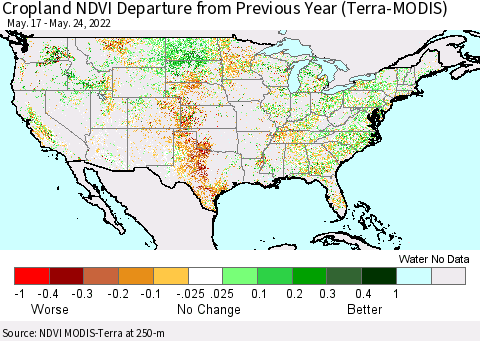 United States Cropland NDVI Departure from Previous Year (Terra-MODIS) Thematic Map For 5/17/2022 - 5/24/2022