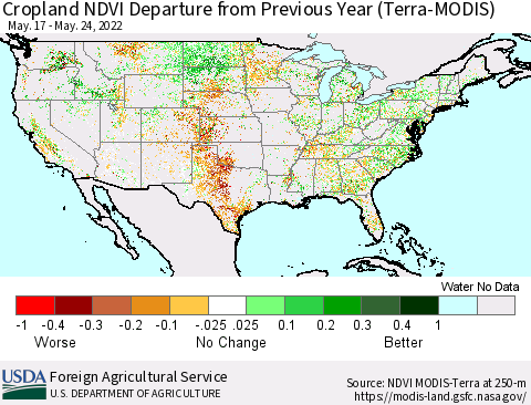 United States Cropland NDVI Departure from Previous Year (Terra-MODIS) Thematic Map For 5/21/2022 - 5/31/2022