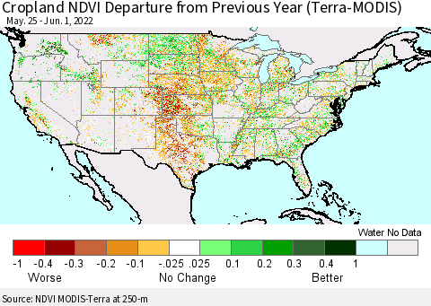 United States Cropland NDVI Departure from Previous Year (Terra-MODIS) Thematic Map For 5/25/2022 - 6/1/2022