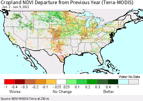 United States Cropland NDVI Departure from Previous Year (Terra-MODIS) Thematic Map For 6/2/2022 - 6/9/2022