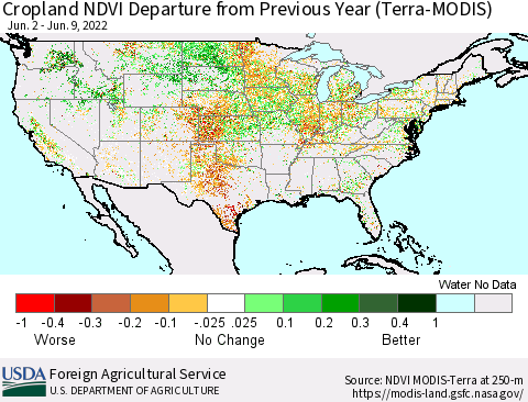 United States Cropland NDVI Departure from Previous Year (Terra-MODIS) Thematic Map For 6/1/2022 - 6/10/2022