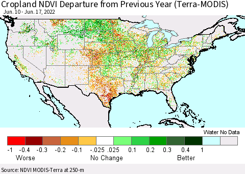 United States Cropland NDVI Departure from Previous Year (Terra-MODIS) Thematic Map For 6/10/2022 - 6/17/2022