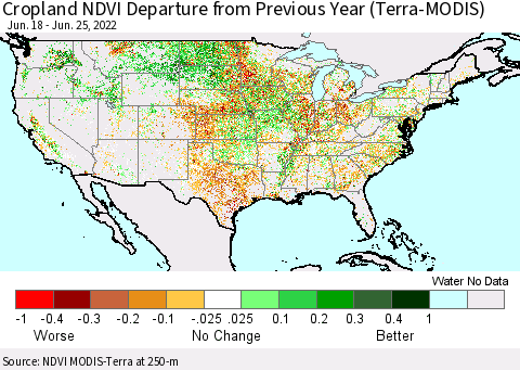 United States Cropland NDVI Departure from Previous Year (Terra-MODIS) Thematic Map For 6/18/2022 - 6/25/2022
