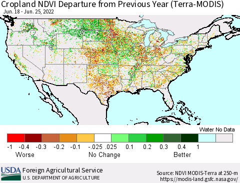 United States Cropland NDVI Departure from Previous Year (Terra-MODIS) Thematic Map For 6/21/2022 - 6/30/2022