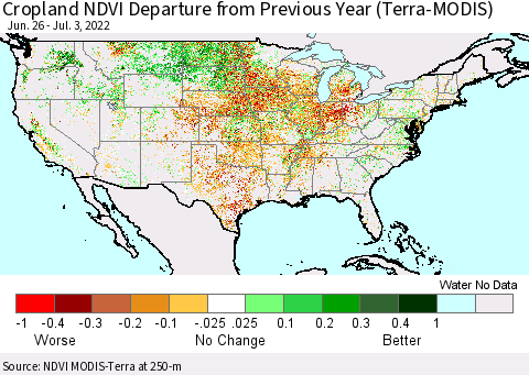 United States Cropland NDVI Departure from Previous Year (Terra-MODIS) Thematic Map For 6/26/2022 - 7/3/2022