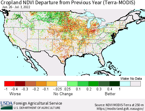 United States Cropland NDVI Departure from Previous Year (Terra-MODIS) Thematic Map For 7/1/2022 - 7/10/2022