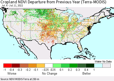 United States Cropland NDVI Departure from Previous Year (Terra-MODIS) Thematic Map For 7/4/2022 - 7/11/2022