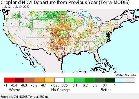 United States Cropland NDVI Departure from Previous Year (Terra-MODIS) Thematic Map For 7/12/2022 - 7/19/2022