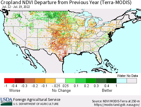 United States Cropland NDVI Departure from Previous Year (Terra-MODIS) Thematic Map For 7/11/2022 - 7/20/2022