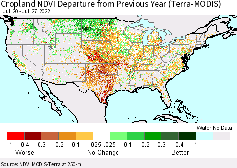 United States Cropland NDVI Departure from Previous Year (Terra-MODIS) Thematic Map For 7/20/2022 - 7/27/2022