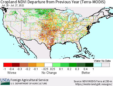 United States Cropland NDVI Departure from Previous Year (Terra-MODIS) Thematic Map For 7/21/2022 - 7/31/2022