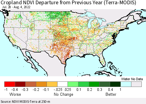 United States Cropland NDVI Departure from Previous Year (Terra-MODIS) Thematic Map For 7/28/2022 - 8/4/2022