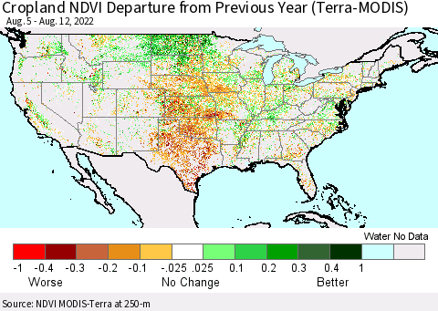 United States Cropland NDVI Departure from Previous Year (Terra-MODIS) Thematic Map For 8/5/2022 - 8/12/2022