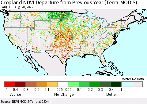 United States Cropland NDVI Departure from Previous Year (Terra-MODIS) Thematic Map For 8/13/2022 - 8/20/2022
