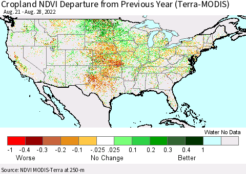 United States Cropland NDVI Departure from Previous Year (Terra-MODIS) Thematic Map For 8/21/2022 - 8/28/2022