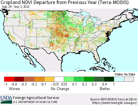 United States Cropland NDVI Departure from Previous Year (Terra-MODIS) Thematic Map For 9/1/2022 - 9/10/2022