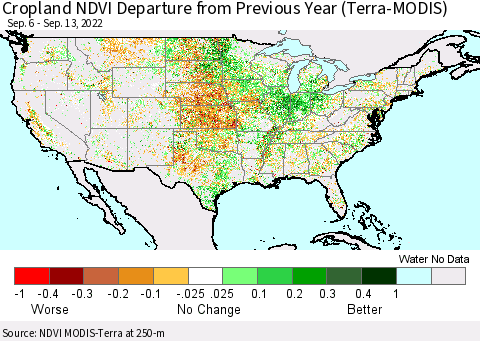 United States Cropland NDVI Departure from Previous Year (Terra-MODIS) Thematic Map For 9/6/2022 - 9/13/2022