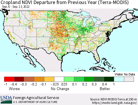 United States Cropland NDVI Departure from Previous Year (Terra-MODIS) Thematic Map For 9/11/2022 - 9/20/2022