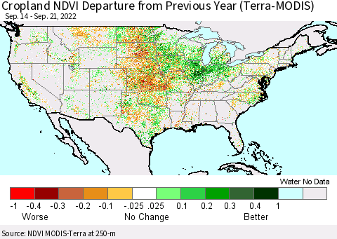 United States Cropland NDVI Departure from Previous Year (Terra-MODIS) Thematic Map For 9/14/2022 - 9/21/2022