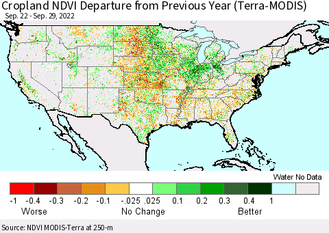 United States Cropland NDVI Departure from Previous Year (Terra-MODIS) Thematic Map For 9/22/2022 - 9/29/2022