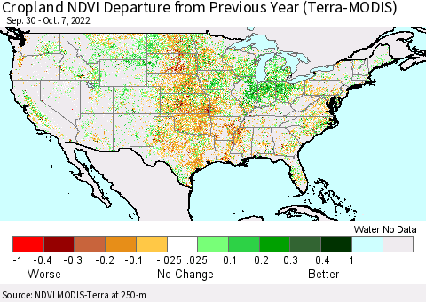 United States Cropland NDVI Departure from Previous Year (Terra-MODIS) Thematic Map For 9/30/2022 - 10/7/2022