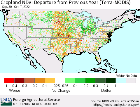 United States Cropland NDVI Departure from Previous Year (Terra-MODIS) Thematic Map For 10/1/2022 - 10/10/2022