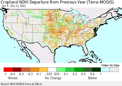 United States Cropland NDVI Departure from Previous Year (Terra-MODIS) Thematic Map For 10/8/2022 - 10/15/2022