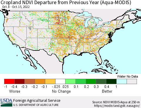 United States Cropland NDVI Departure from Previous Year (Terra-MODIS) Thematic Map For 10/11/2022 - 10/20/2022