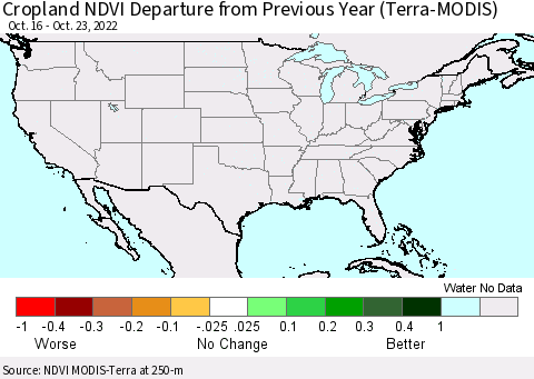 United States Cropland NDVI Departure from Previous Year (Terra-MODIS) Thematic Map For 10/16/2022 - 10/23/2022