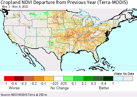 United States Cropland NDVI Departure from Previous Year (Terra-MODIS) Thematic Map For 11/1/2022 - 11/8/2022