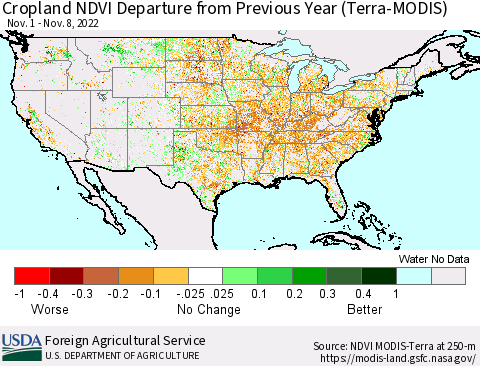 United States Cropland NDVI Departure from Previous Year (Terra-MODIS) Thematic Map For 11/1/2022 - 11/10/2022