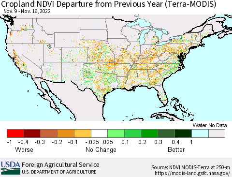 United States Cropland NDVI Departure from Previous Year (Terra-MODIS) Thematic Map For 11/11/2022 - 11/20/2022